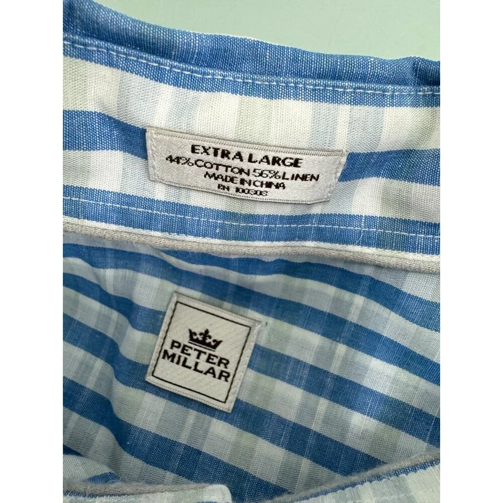 Peter Millar Men Shirt Large L Linen Cotton Blend Button Up Long Sleeve Blue - Picture 3 of 8